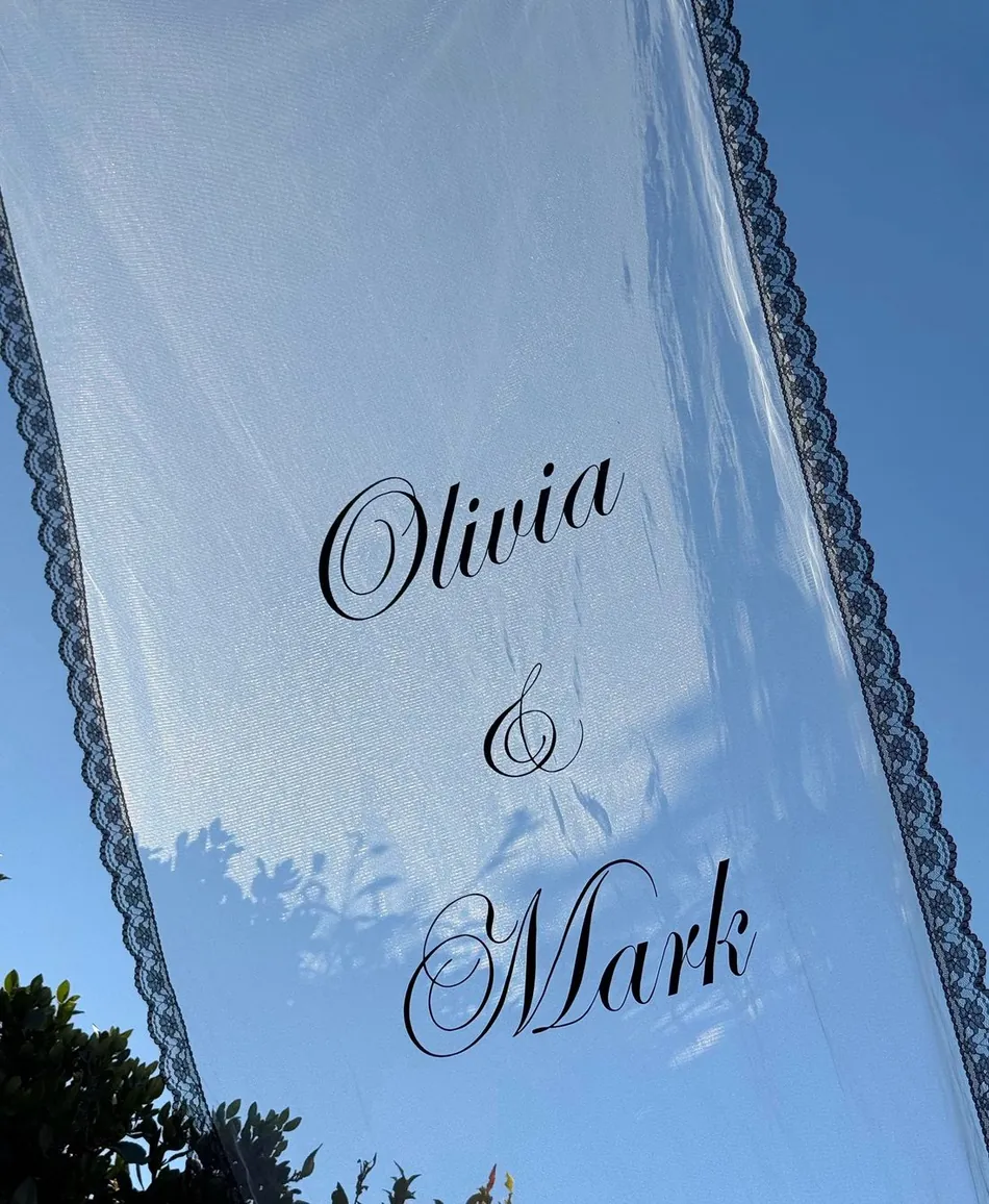 Olivia and Mark, sheer welcome banner with lace trim